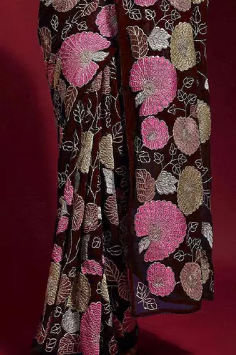  Maroon Colored Heavy Multi Sequence Embroidered Georgette Saree With Unstitched Banglori Silk Blouse