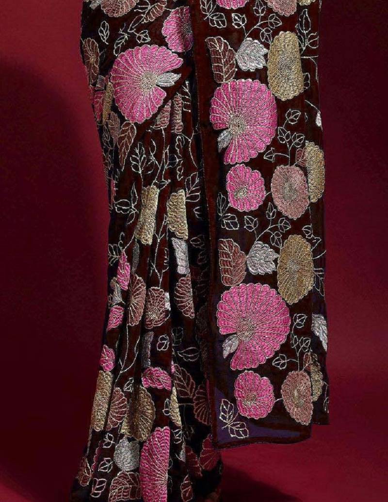  Maroon Colored Heavy Multi Sequence Embroidered Georgette Saree With Unstitched Banglori Silk Blouse