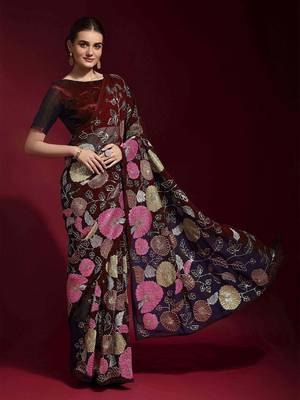  Maroon Colored Heavy Multi Sequence Embroidered Georgette Saree With Unstitched Banglori Silk Blouse 4