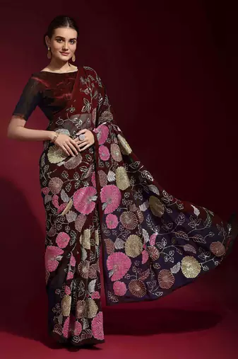  Maroon Colored Heavy Multi Sequence Embroidered Georgette Saree With Unstitched Banglori Silk Blouse
