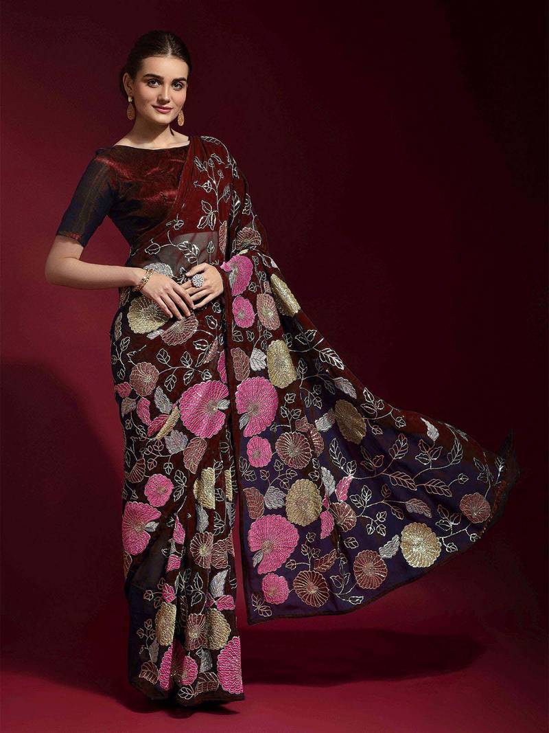  Maroon Colored Heavy Multi Sequence Embroidered Georgette Saree With Unstitched Banglori Silk Blouse