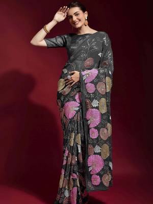  Grey Colored Heavy Multi Sequence Embroidered Georgette Saree With Unstitched Banglori Silk Blouse 1