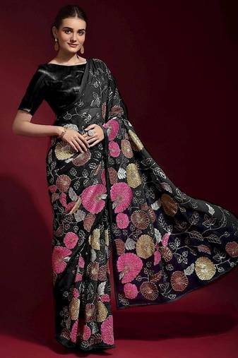  Black Colored Heavy Multi Sequence Embroidered Georgette Saree With Unstitched Banglori Silk Blouse