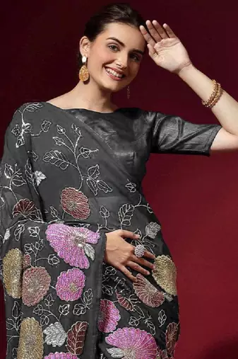  Grey Colored Heavy Multi Sequence Embroidered Georgette Saree With Unstitched Banglori Silk Blouse
