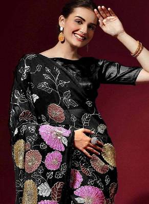  Black Colored Heavy Multi Sequence Embroidered Georgette Saree With Unstitched Banglori Silk Blouse 2