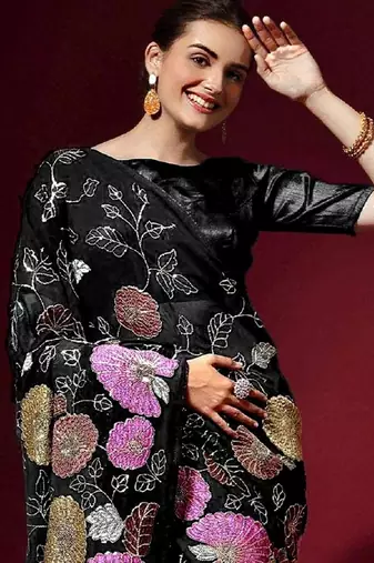 Black Colored Heavy Multi Sequence Embroidered Georgette Saree With Unstitched Banglori Silk Blouse