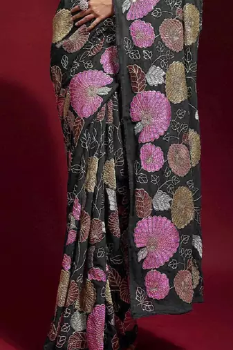  Grey Colored Heavy Multi Sequence Embroidered Georgette Saree With Unstitched Banglori Silk Blouse