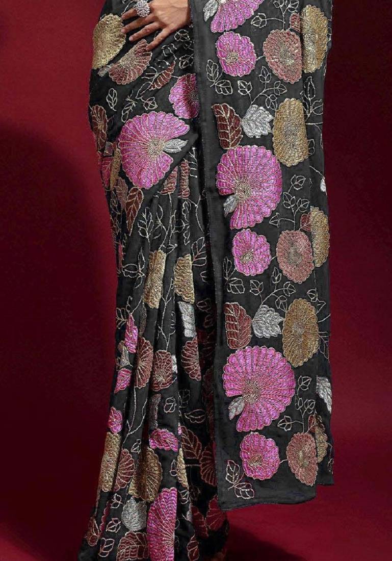  Grey Colored Heavy Multi Sequence Embroidered Georgette Saree With Unstitched Banglori Silk Blouse