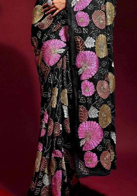  Black Colored Heavy Multi Sequence Embroidered Georgette Saree With Unstitched Banglori Silk Blouse 3