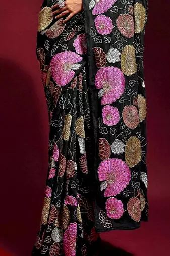  Black Colored Heavy Multi Sequence Embroidered Georgette Saree With Unstitched Banglori Silk Blouse