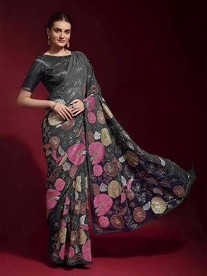  Grey Colored Heavy Multi Sequence Embroidered Georgette Saree With Unstitched Banglori Silk Blouse 4