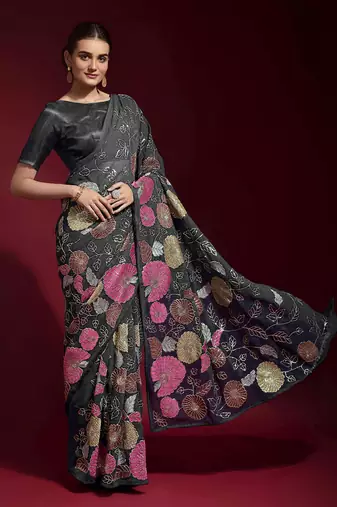  Grey Colored Heavy Multi Sequence Embroidered Georgette Saree With Unstitched Banglori Silk Blouse