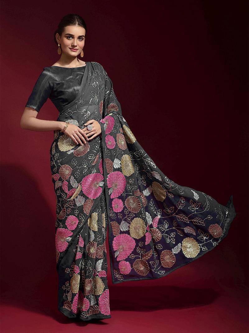  Grey Colored Heavy Multi Sequence Embroidered Georgette Saree With Unstitched Banglori Silk Blouse