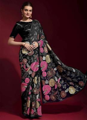  Black Colored Heavy Multi Sequence Embroidered Georgette Saree With Unstitched Banglori Silk Blouse 4