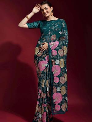  Green Colored Heavy Multi Sequence Embroidered Georgette Saree With Unstitched Banglori Silk Blouse 1