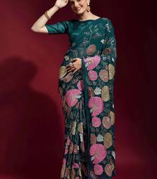  Green Colored Heavy Multi Sequence Embroidered Georgette Saree With Unstitched Banglori Silk Blouse