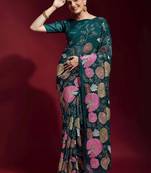  Green Colored Heavy Multi Sequence Embroidered Georgette Saree With Unstitched Banglori Silk Blouse