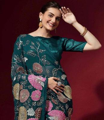  Green Colored Heavy Multi Sequence Embroidered Georgette Saree With Unstitched Banglori Silk Blouse 2
