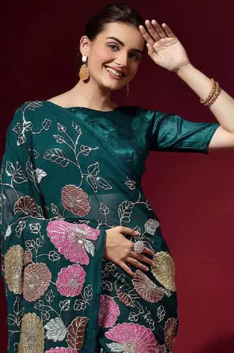  Green Colored Heavy Multi Sequence Embroidered Georgette Saree With Unstitched Banglori Silk Blouse
