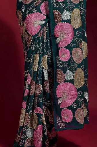  Green Colored Heavy Multi Sequence Embroidered Georgette Saree With Unstitched Banglori Silk Blouse