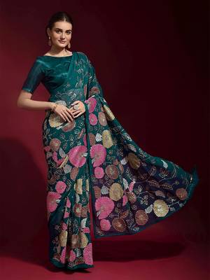  Green Colored Heavy Multi Sequence Embroidered Georgette Saree With Unstitched Banglori Silk Blouse 4