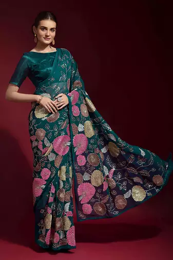  Green Colored Heavy Multi Sequence Embroidered Georgette Saree With Unstitched Banglori Silk Blouse
