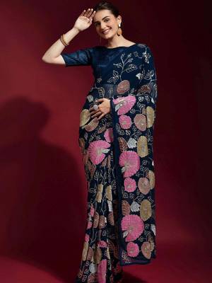 Seductive Navy Blue Colored Heavy Multi Sequence Embroidered Georgette Saree With Unstitched Banglori Silk Blouse 1