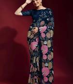 Seductive Navy Blue Colored Heavy Multi Sequence Embroidered Georgette Saree With Unstitched Banglori Silk Blouse