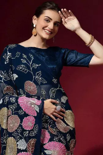 Seductive Navy Blue Colored Heavy Multi Sequence Embroidered Georgette Saree With Unstitched Banglori Silk Blouse