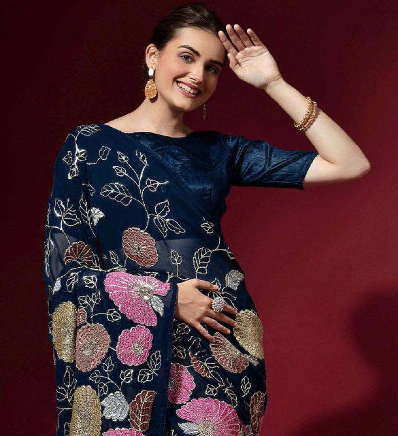Seductive Navy Blue Colored Heavy Multi Sequence Embroidered Georgette Saree With Unstitched Banglori Silk Blouse