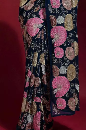 Seductive Navy Blue Colored Heavy Multi Sequence Embroidered Georgette Saree With Unstitched Banglori Silk Blouse