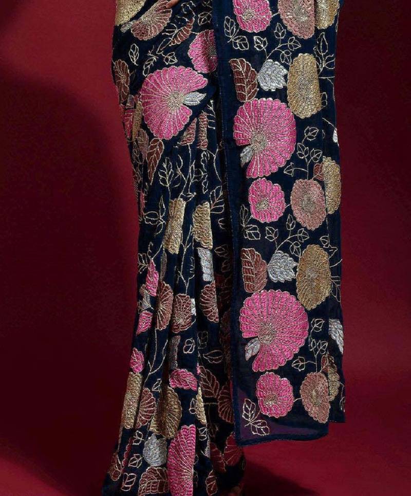 Seductive Navy Blue Colored Heavy Multi Sequence Embroidered Georgette Saree With Unstitched Banglori Silk Blouse