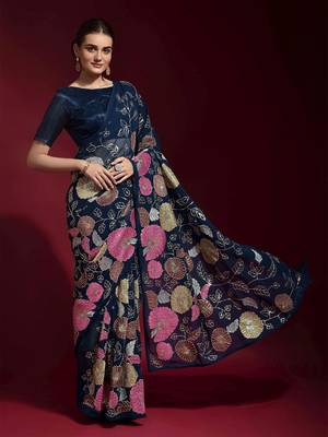 Seductive Navy Blue Colored Heavy Multi Sequence Embroidered Georgette Saree With Unstitched Banglori Silk Blouse 4