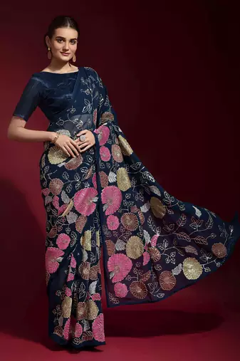Seductive Navy Blue Colored Heavy Multi Sequence Embroidered Georgette Saree With Unstitched Banglori Silk Blouse