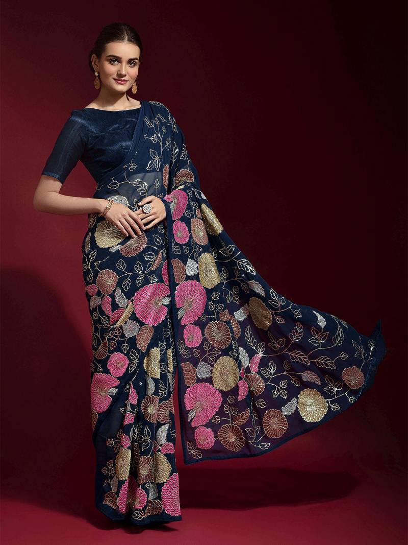 Seductive Navy Blue Colored Heavy Multi Sequence Embroidered Georgette Saree With Unstitched Banglori Silk Blouse