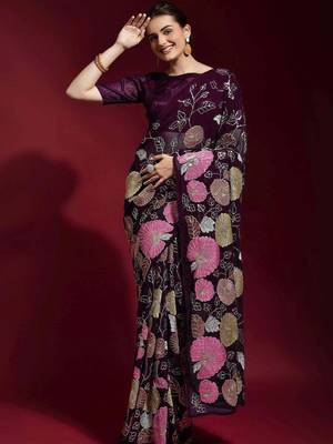 ready made wine ed heavy multicolor sequence embroidered georgette saree with banglori silk blouse 1