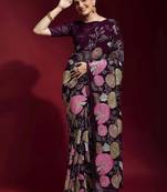 ready to wear wine colored heavy multi sequence embroidered georgette saree with unstitched banglori silk blouse