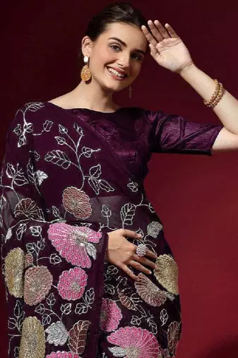 ready made wine ed heavy multicolor sequence embroidered georgette saree with banglori silk blouse