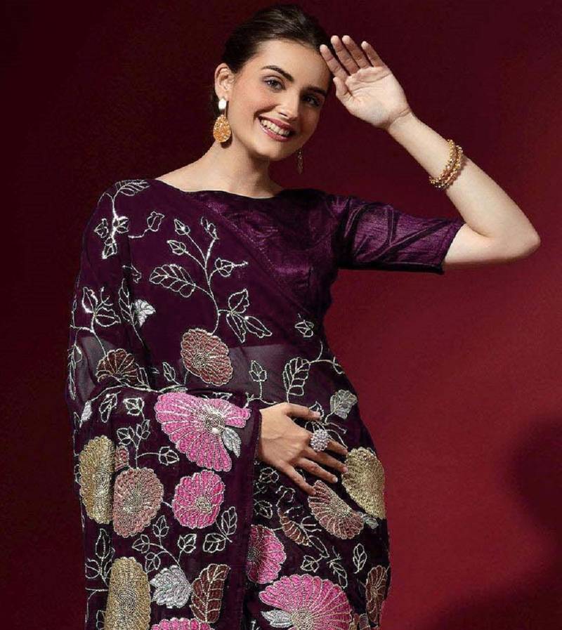 ready to wear wine colored heavy multi sequence embroidered georgette saree with unstitched banglori silk blouse