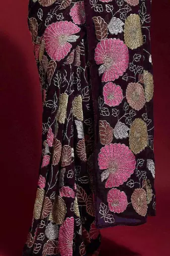 ready made wine ed heavy multicolor sequence embroidered georgette saree with banglori silk blouse