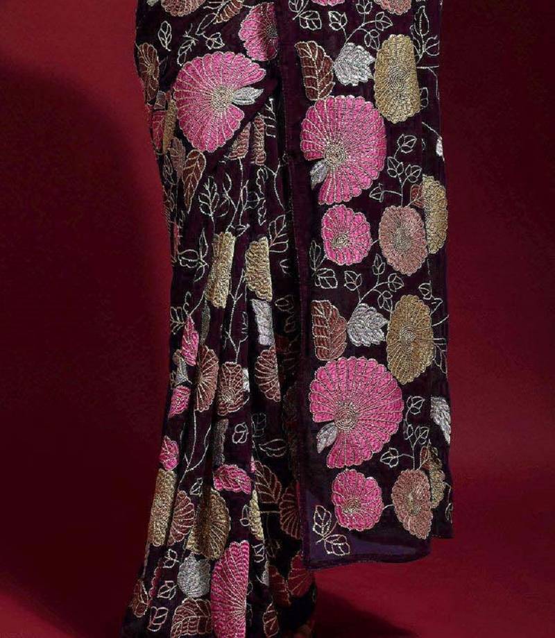 ready to wear wine colored heavy multi sequence embroidered georgette saree with unstitched banglori silk blouse