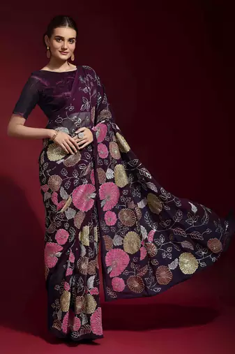 ready made wine ed heavy multicolor sequence embroidered georgette saree with banglori silk blouse