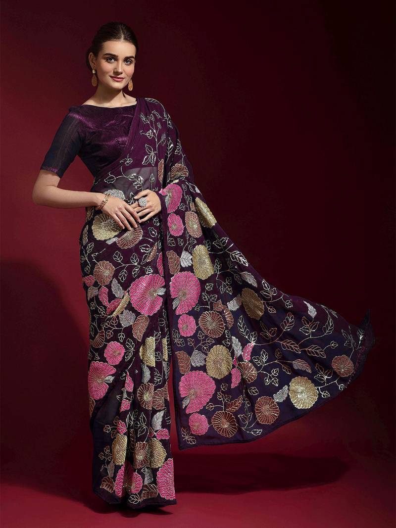 ready to wear wine colored heavy multi sequence embroidered georgette saree with unstitched banglori silk blouse