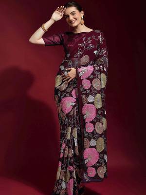  Purple Colored Heavy Multi Sequence Embroidered Georgette Saree With Unstitched Banglori Silk Blouse 1