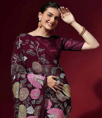  Purple Colored Heavy Multi Sequence Embroidered Georgette Saree With Unstitched Banglori Silk Blouse 2