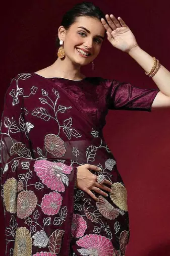  Purple Colored Heavy Multi Sequence Embroidered Georgette Saree With Unstitched Banglori Silk Blouse