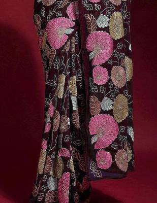  Purple Colored Heavy Multi Sequence Embroidered Georgette Saree With Unstitched Banglori Silk Blouse 3