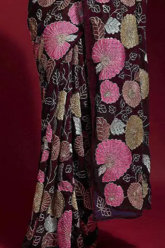  Purple Colored Heavy Multi Sequence Embroidered Georgette Saree With Unstitched Banglori Silk Blouse