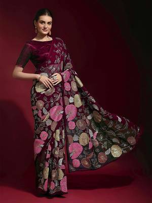  Purple Colored Heavy Multi Sequence Embroidered Georgette Saree With Unstitched Banglori Silk Blouse 4