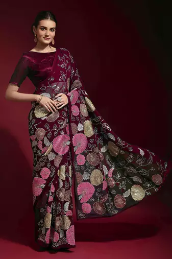  Purple Colored Heavy Multi Sequence Embroidered Georgette Saree With Unstitched Banglori Silk Blouse